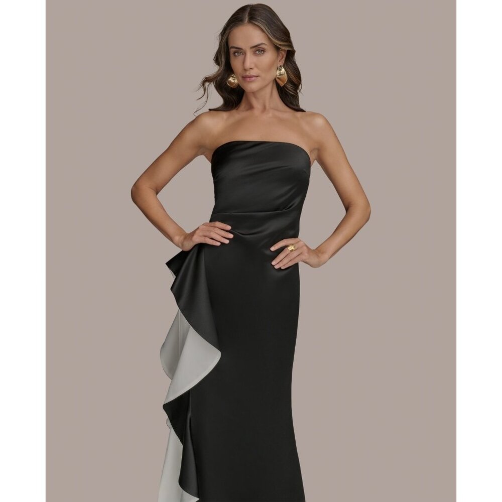 Donna Karan New York Strapless Contrast Ruffle Trim Slit Gown Size 6 Black $299 - Picture 3 of 6